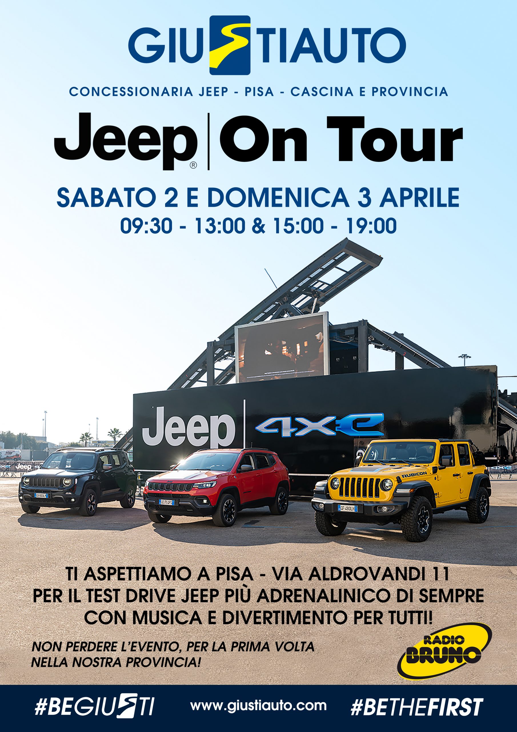 Giusti Auto ti aspetta il 2-3 Aprile per l'evento Jeep on tour con Radio Bruno