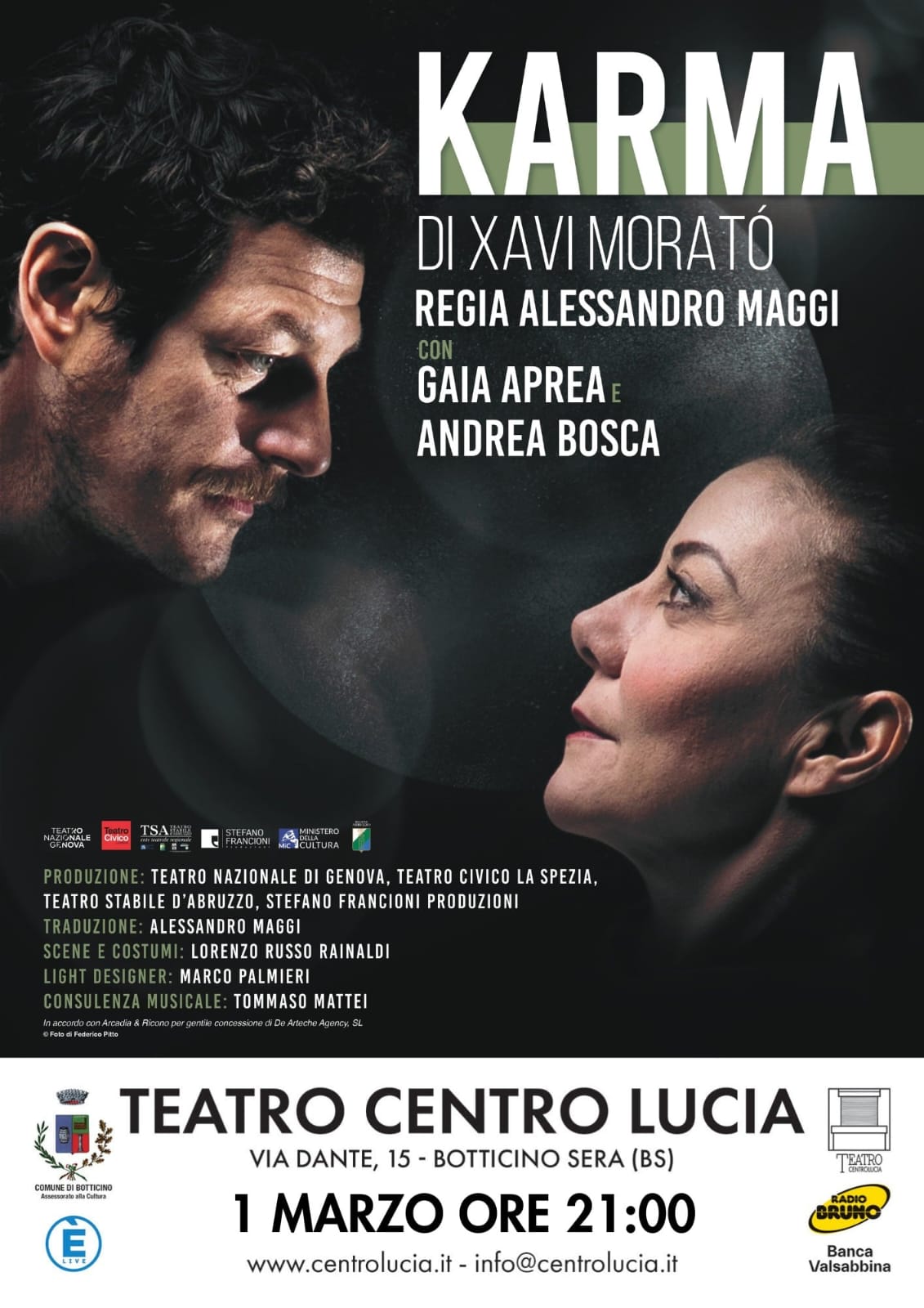 “Karma“, lo spettacolo con Andrea Bosca e Gaia Aprea, sabato 1 marzo al Teatro Centro Lucia