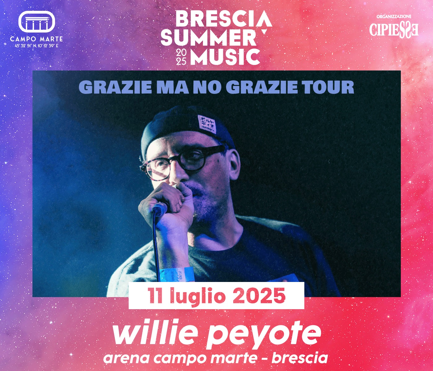 Brescia Summer Music 2025: Willie Peyote 11 luglio Arena Campo Marte