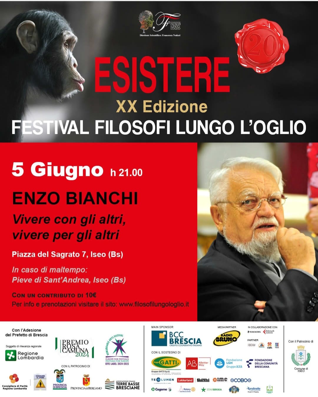 Il 5 giugno il primo appuntamento della XX edizione di Filosofi lungo l'Oglio: Enzo Bianchi a Iseo
