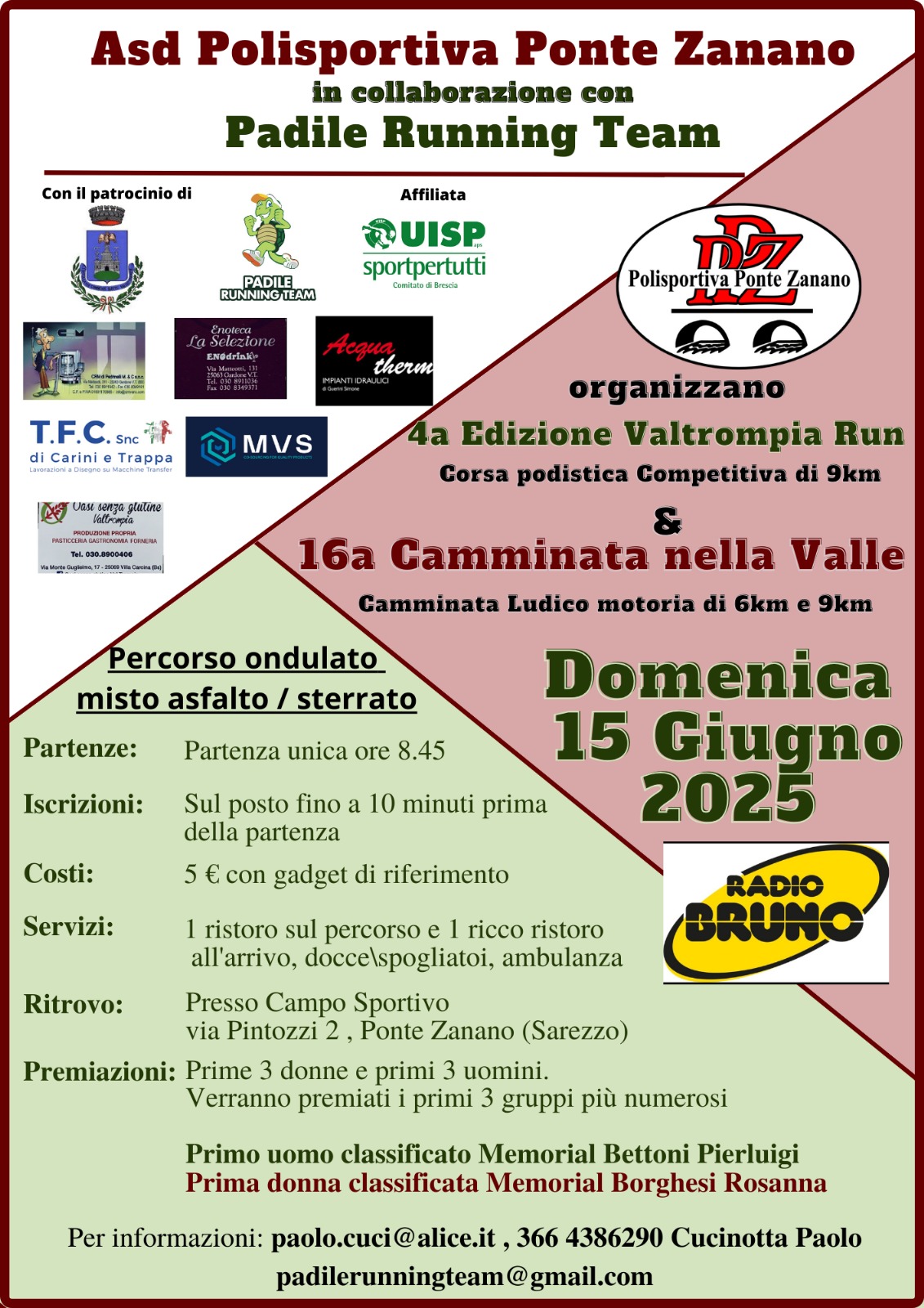 Domenica 15 giugno 2025: a Ponte Zanano la 4ª Valtrompia Run e la 16ª Camminata nella Valle