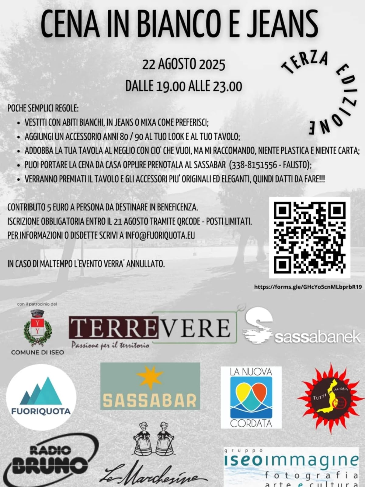 Cena in Bianco e Jeans 3° Edizione Giovedì 22 agosto 2025 | Dalle 19.00 alle 23.00 al Lido di Sassabanek, Iseo (BS)