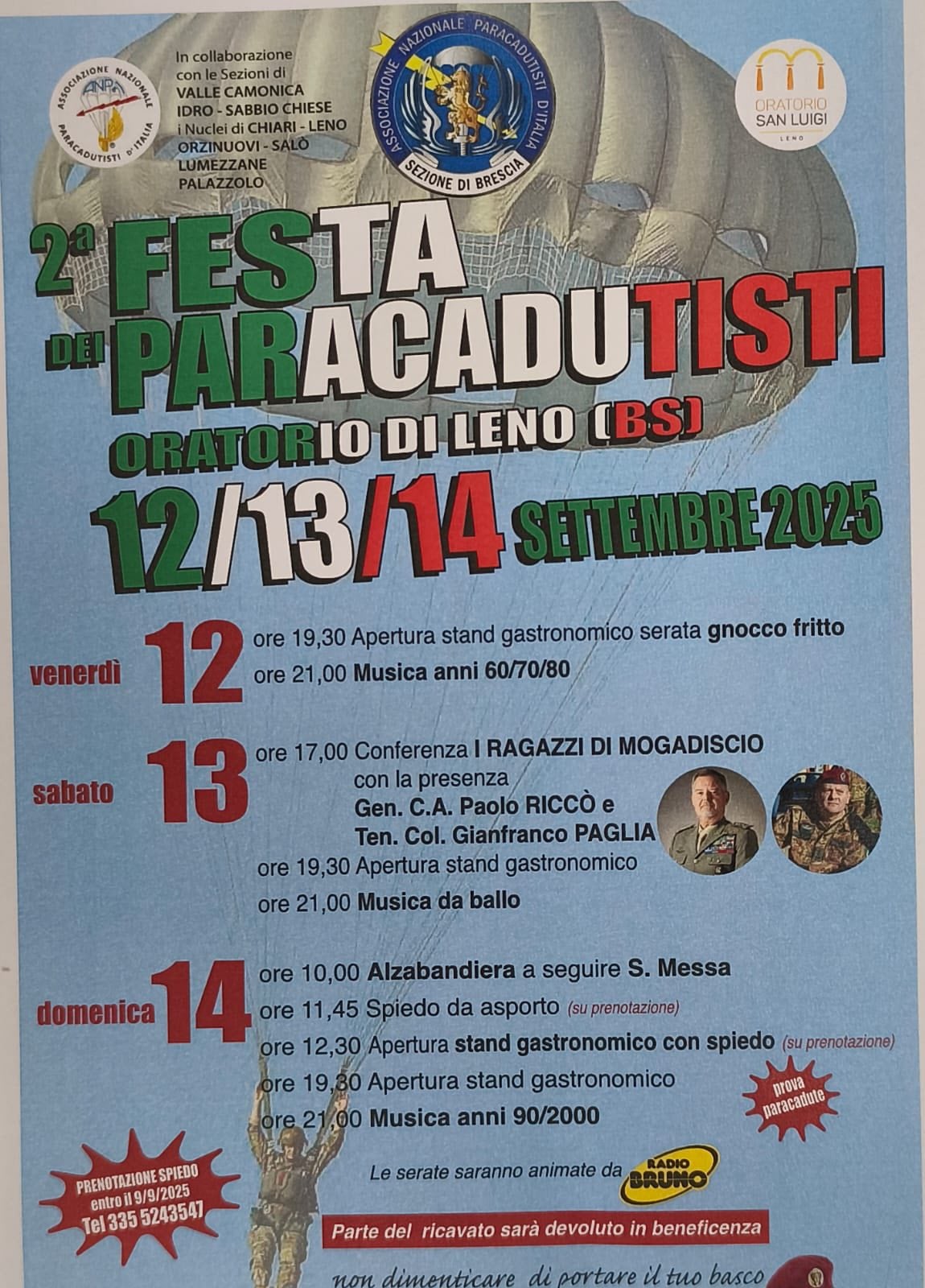 dal 12 al 14 settembre torna la festa dei paracadutisti a Leno!