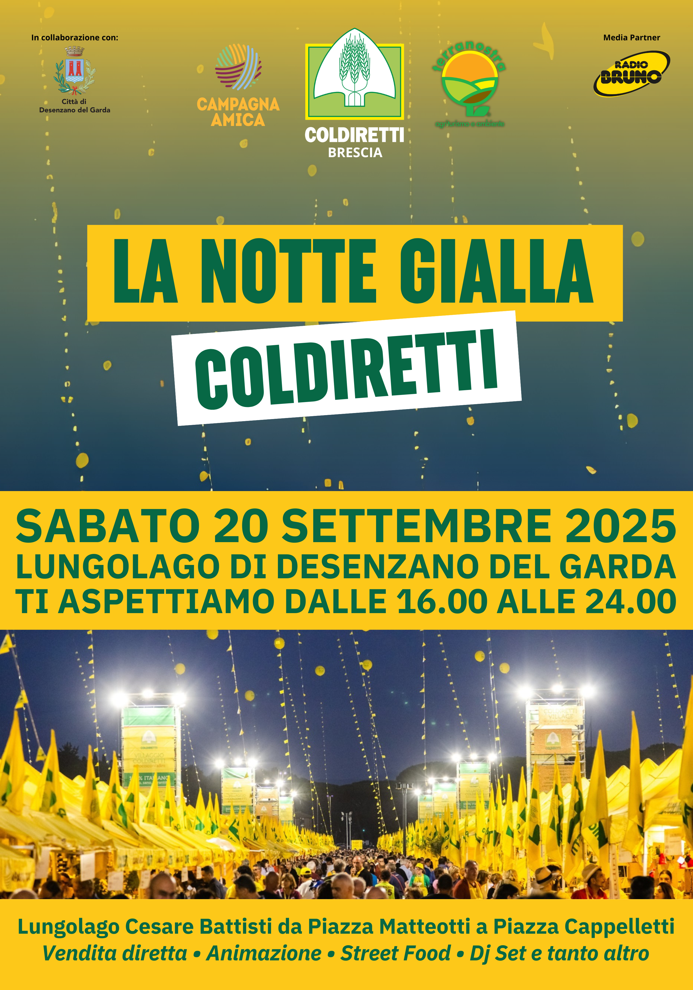 Notte Gialla Coldiretti: Sabato 20 settembre Desenzano si veste di giallo per una serata indimenticabile tra buon cibo, musica e tradizioni agricole
