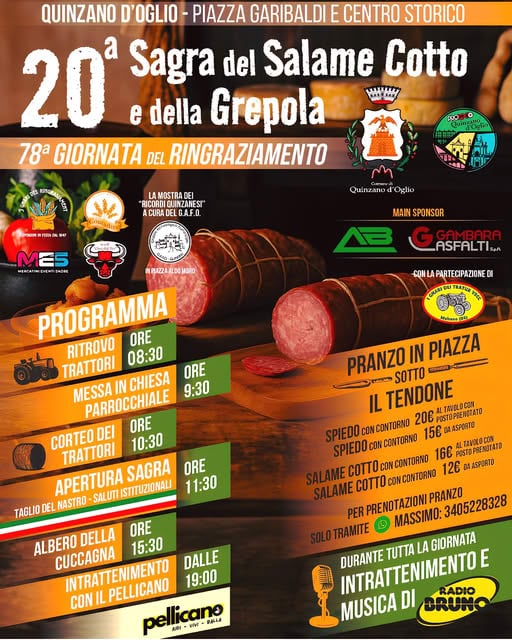 Il 2 novembre 20ª Sagra del Salame Cotto e della Grepola e 78ª Giornata del Ringraziamento a Quinzano d’Oglio