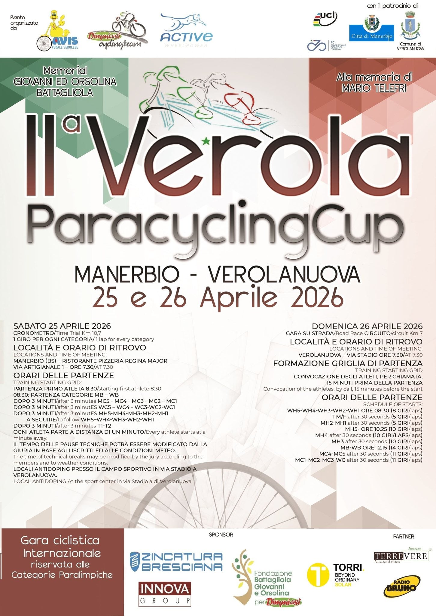 ‍♂️ 11ª Verola Paracycling Cup: 25 e 26 aprile a Manerbio e Verolanuova