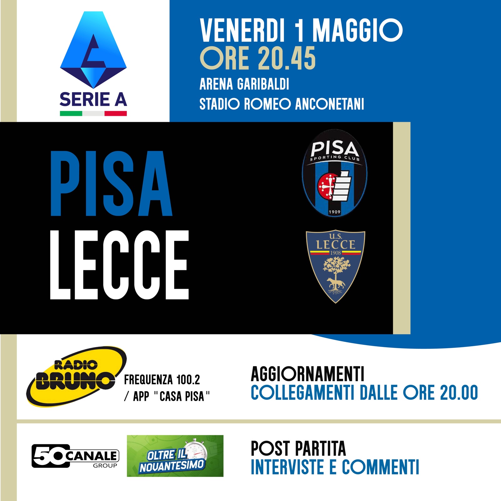 Pisa-Lecce su Radio Bruno dalle 20:45 di venerdì 1 maggio