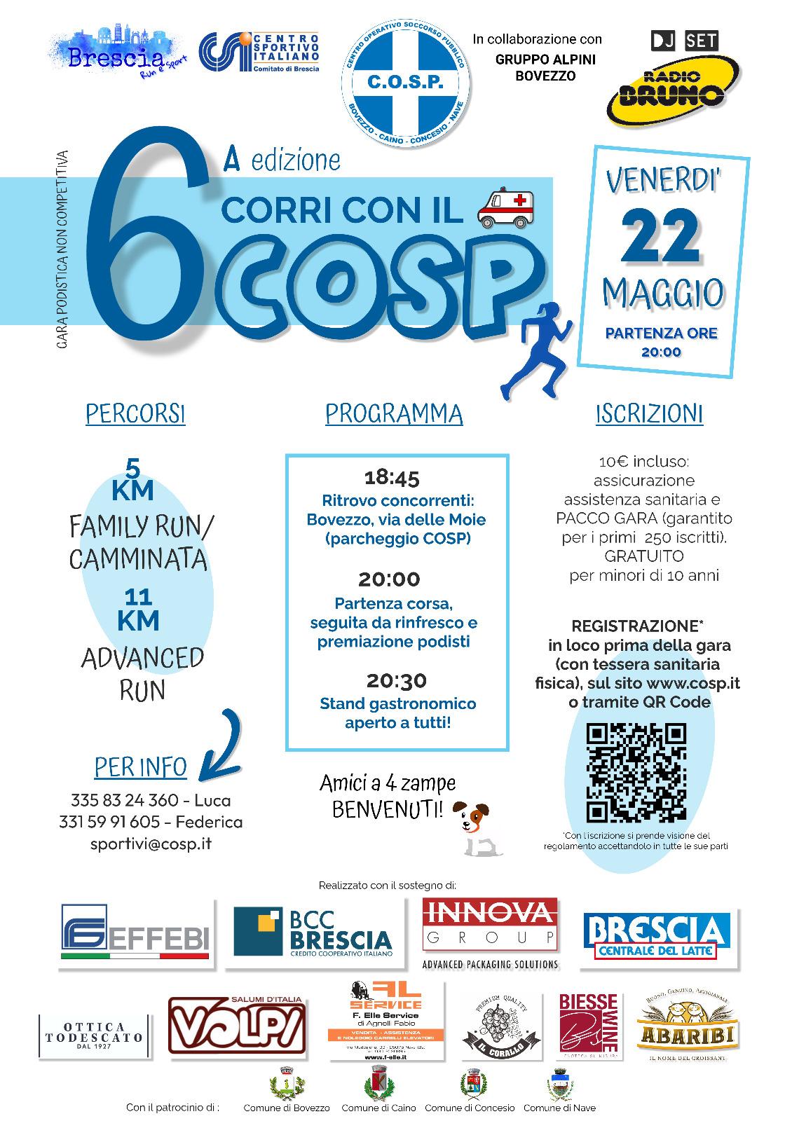 Venerdì 22 maggio torna a Bovezzo “Corri con il COSP” la manifestazione podistica non competitiva giunta alla sua 6° edizione