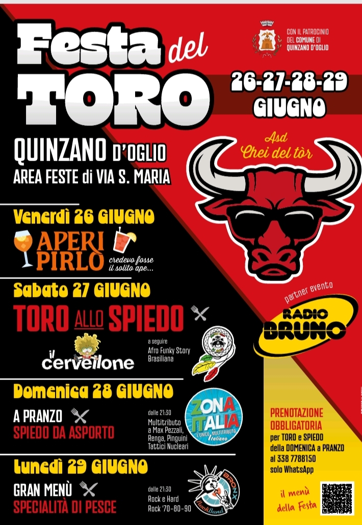 Festa del Toro 2026: a Quinzano d’Oglio quattro giorni tra gastronomia, musica e divertimento, dal 26 al 29 giugno