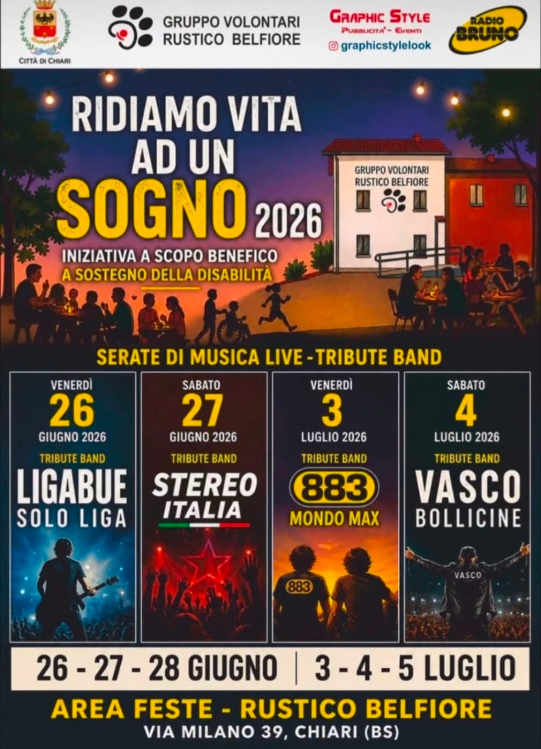 A Chiari torna “Ridiamo vita a un sogno”: quattro serate di musica e solidarietà per sostenere la disabilità, dal 26 giugno al 4 luglio