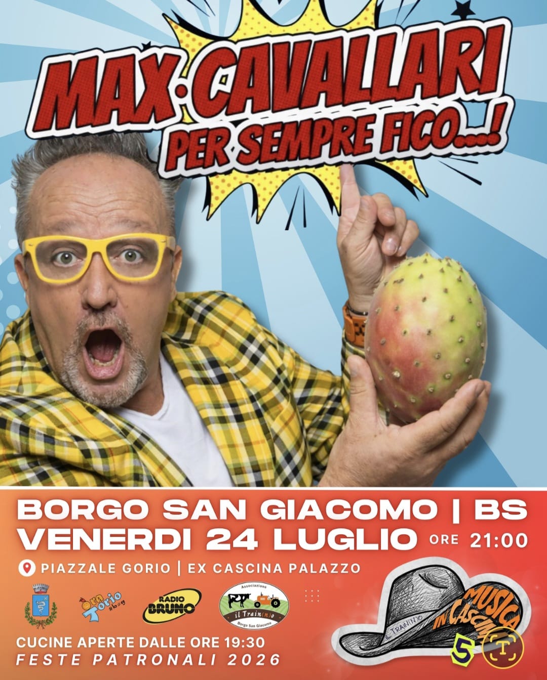 Venerdì 24 luglio, Max Cavallari arriva a Borgo San Giacomo con lo spettacolo “Per sempre fico”