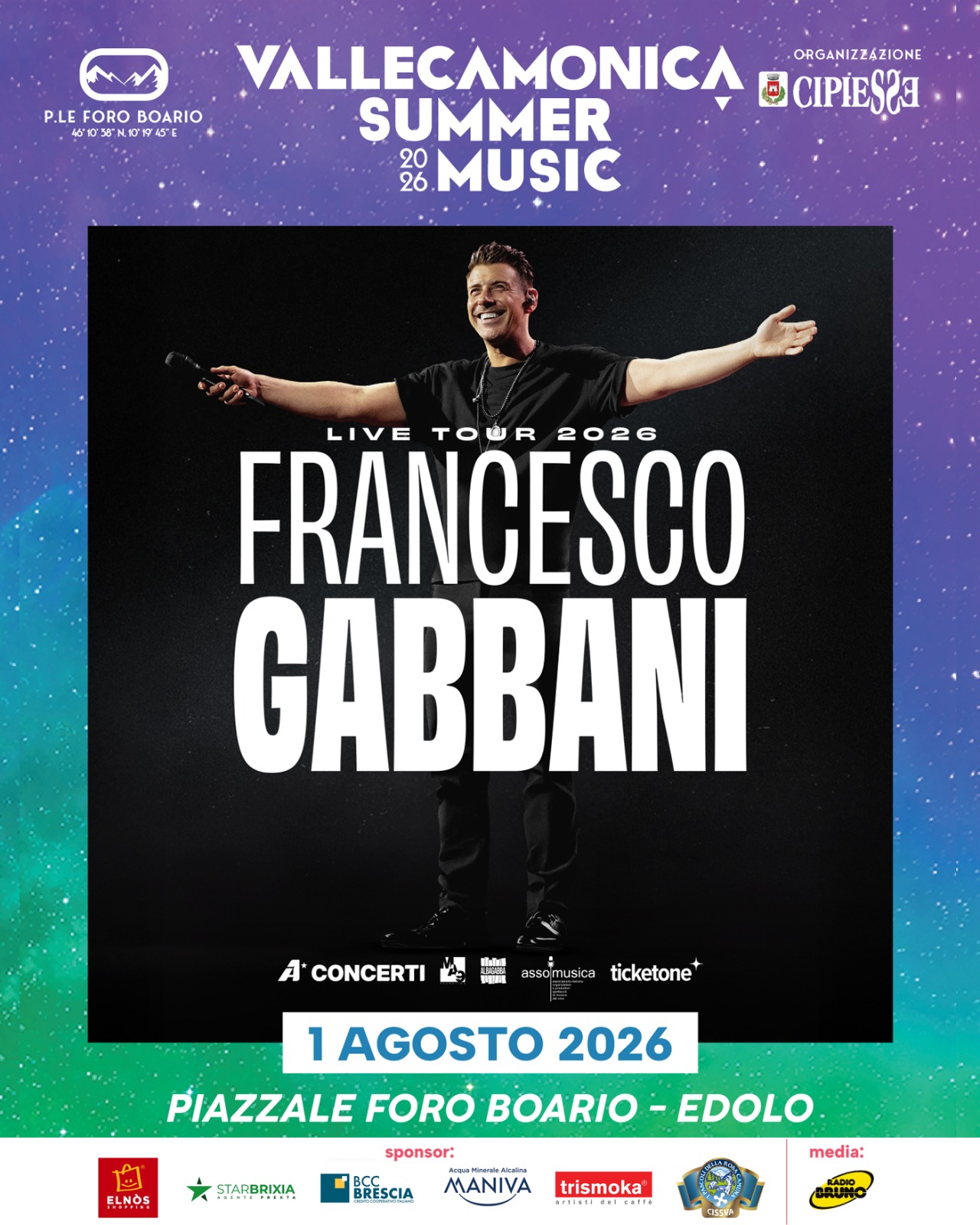 Francesco Gabbani in concerto a Edolo: il Live Tour 2026 arriva in Vallecamonica