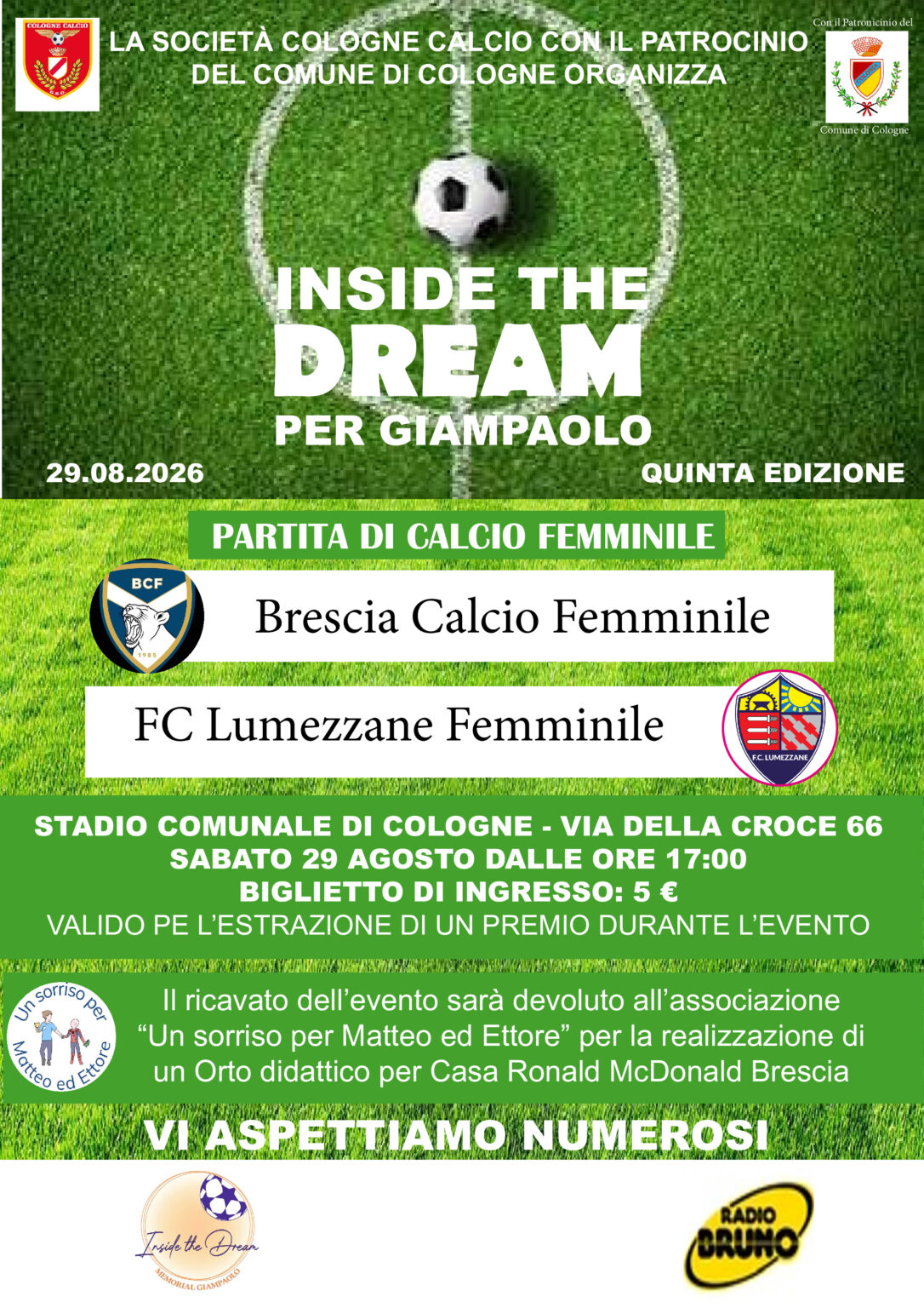 Cologne, “Inside the Dream” torna in campo: Brescia e Lumezzane unite per ricordare Giampaolo e aiutare i bambini