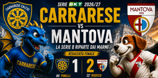 Carrarese-Mantova 1-2, gli azzurri pagano inesperienza ed episodi: Reale e Parlanti le note positive