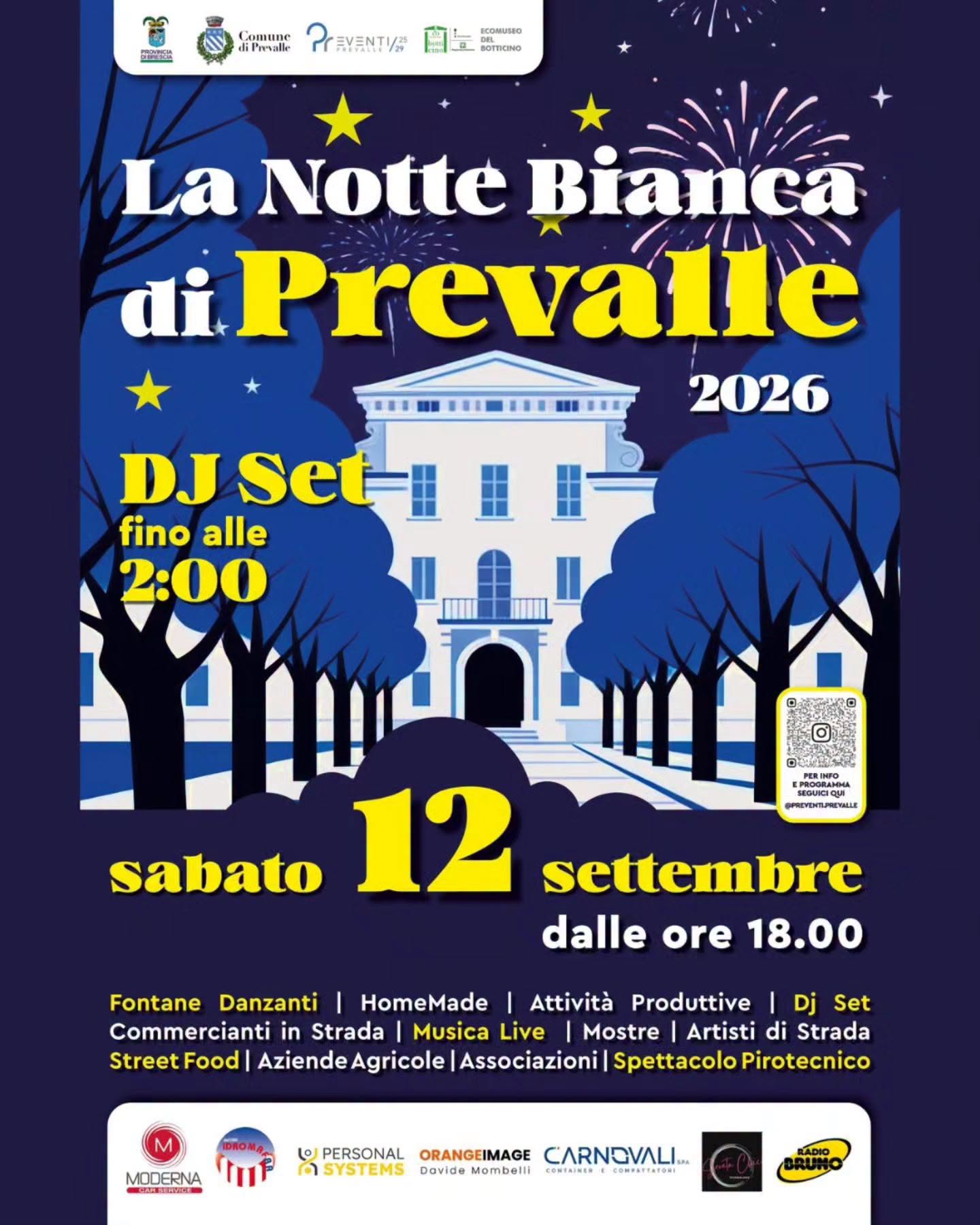 Prev​​alle si accende per la Notte Bianca: Sabato 12 settembre 2026 musica, spettacoli e divertimento fino a tarda notte