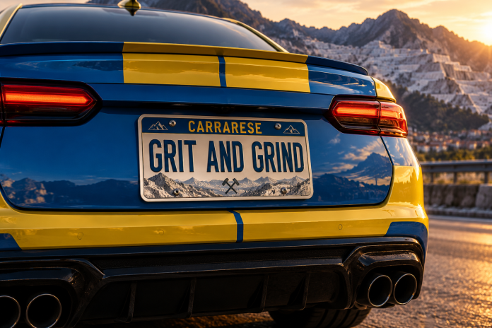 Auto sportiva tra le cave al tramonto
